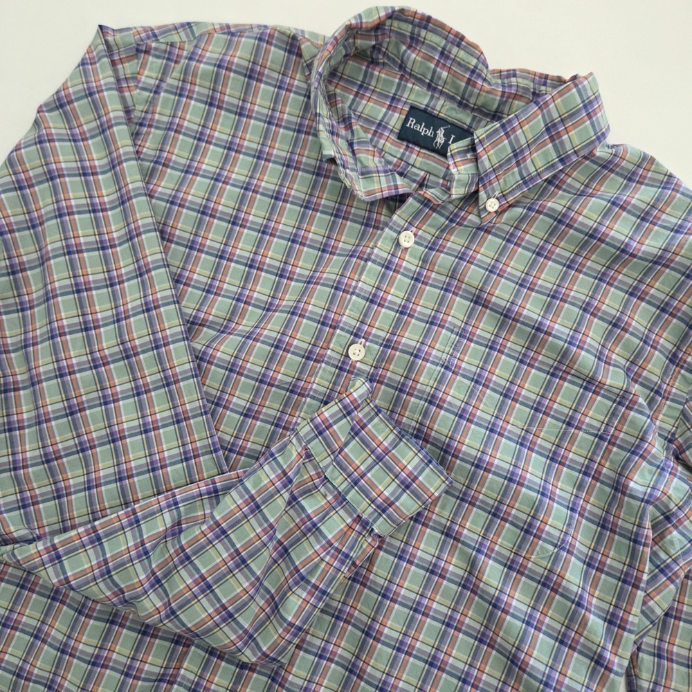 Ralph Lauren Button Down Shirt Green Multi Plaid Cotton Mens L